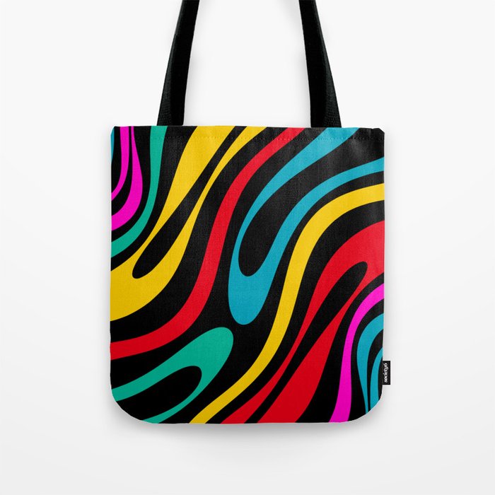 Wavy Loops Retro 80s Colorful Abstract Pattern on Black Tote Bag Gallery Image 1