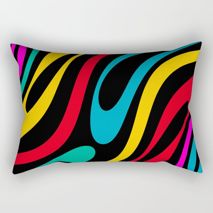 Wavy Loops Retro 80s Colorful Abstract Pattern on Black Rectangular Pillow Gallery Image 2