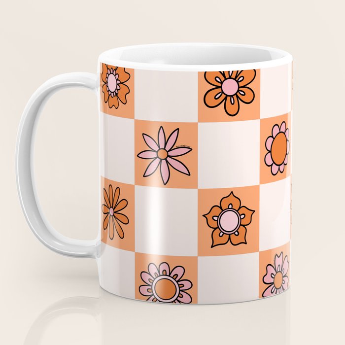 Fall Flower Checkered Print in Peach Coffee Mug Gallery Image 3