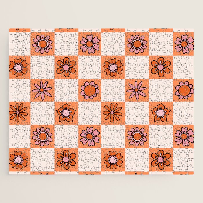 Fall Flower Checkered Print in Peach Jigsaw Puzzle Gallery Image 1