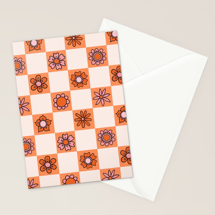 Fall Flower Checkered Print in Peach Stationery Card Gallery Image 2