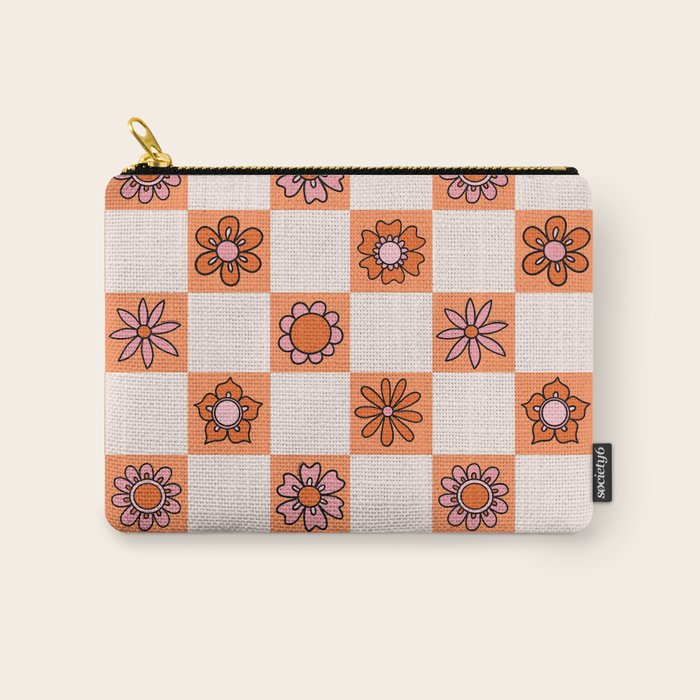 Fall Flower Checkered Print in Peach Carry All Pouch Gallery Image 1