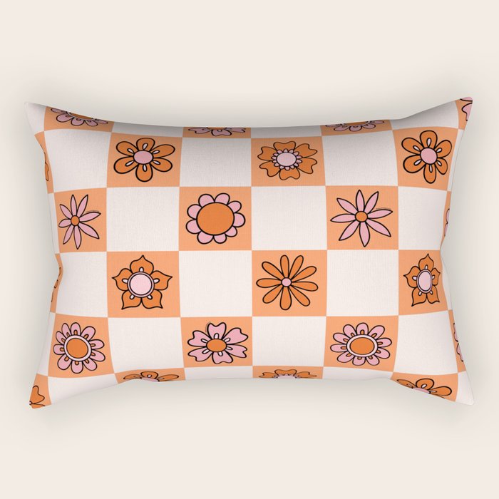 Fall Flower Checkered Print in Peach Rectangular Pillow Gallery Image 1