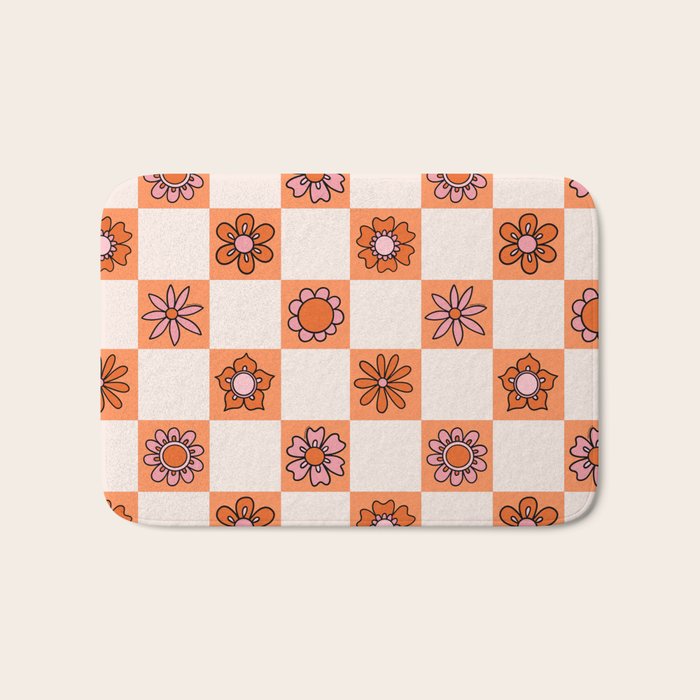 Fall Flower Checkered Print in Peach Bath Mat Gallery Image 1