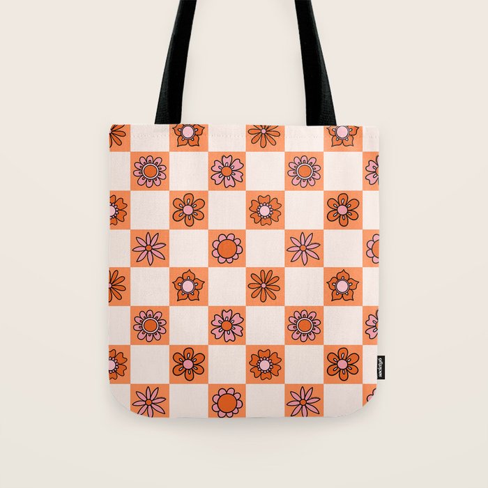 Fall Flower Checkered Print in Peach Tote Bag Gallery Image 1