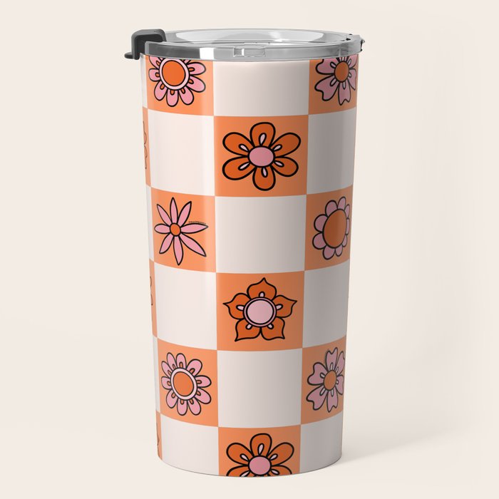 Fall Flower Checkered Print in Peach Travel Mug Gallery Image 3