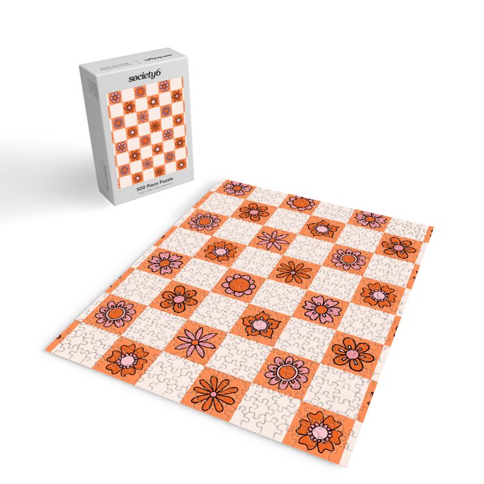 Fall Flower Checkered Print in Peach Jigsaw Puzzle Gallery Image 2