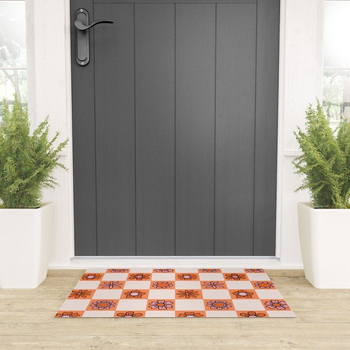Fall Flower Checkered Print in Peach Welcome Mat Gallery Image 3