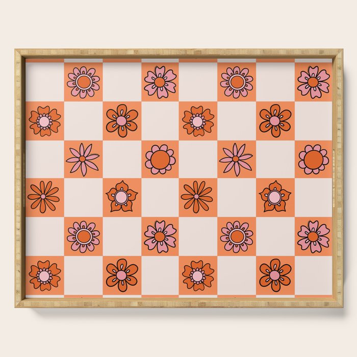 Fall Flower Checkered Print in Peach Serving Tray Gallery Image 1