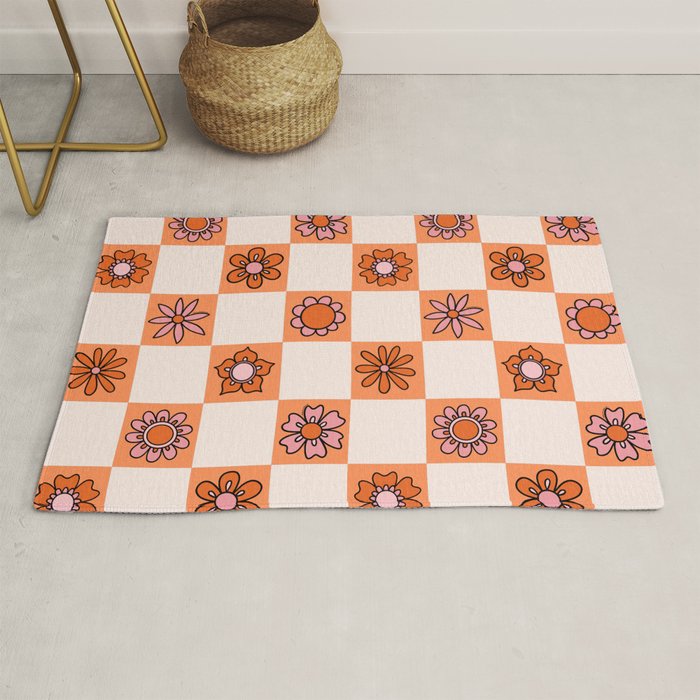 Fall Flower Checkered Print in Peach Rug Gallery Image 1