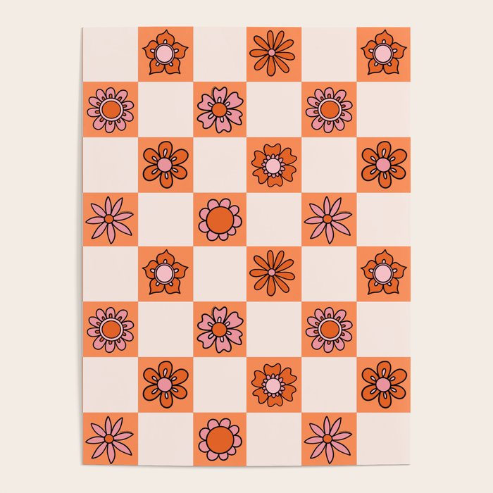 Fall Flower Checkered Print in Peach Poster Gallery Image 1