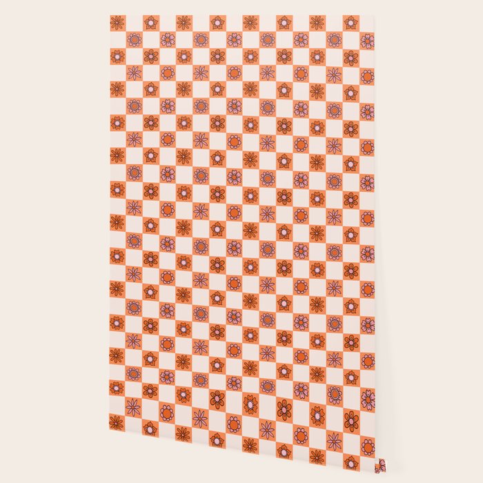 Fall Flower Checkered Print in Peach Wallpaper Gallery Image 2