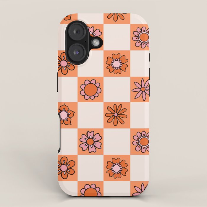 Fall Flower Checkered Print in Peach iPhone Case Gallery Image 1