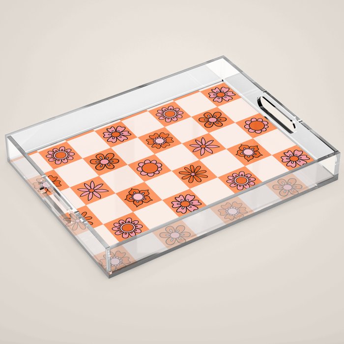 Fall Flower Checkered Print in Peach Acrylic Tray Gallery Image 1
