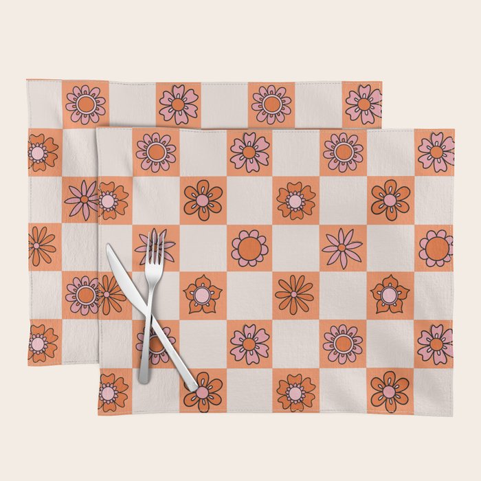 Fall Flower Checkered Print in Peach Placemat Gallery Image 1