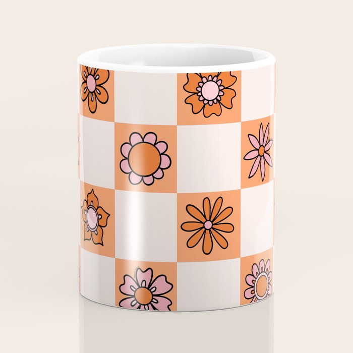 Fall Flower Checkered Print in Peach Coffee Mug Gallery Image 4