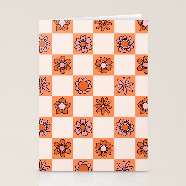Fall Flower Checkered Print in Peach Stationery Card Gallery Image 1