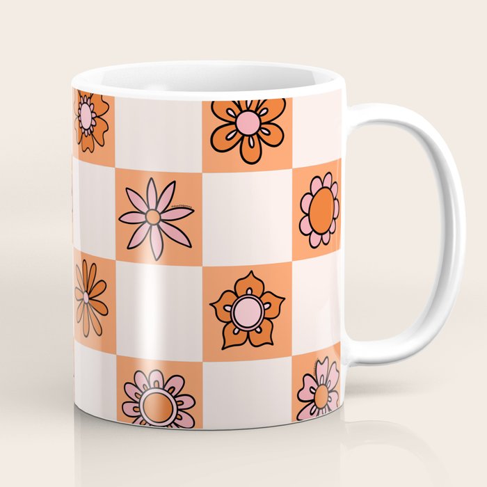 Fall Flower Checkered Print in Peach Coffee Mug Gallery Image 1