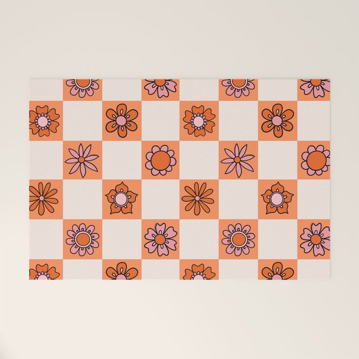 Fall Flower Checkered Print in Peach Welcome Mat Gallery Image 1