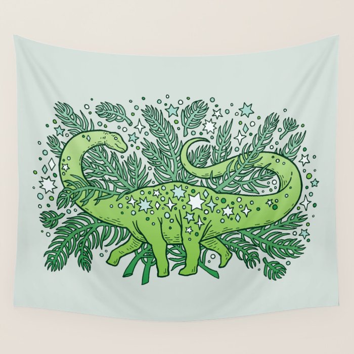 Evergreen Apatosaurus | Dinosaur Cosmic Festive Art Wall Tapestry Gallery Image 4
