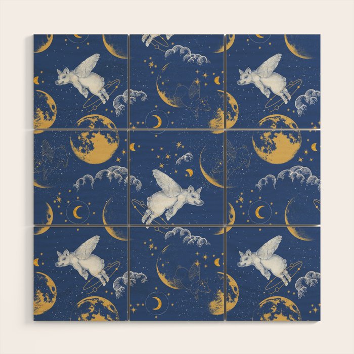 Celestial Pigs lunar blue Wood Wall Art Gallery Image 1