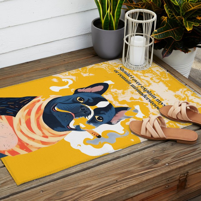 Should I Over Explain Myself or Remain Misunderstood? | Bulldog Pets Funny Quote, Typography Poster Saying Phrase, Cute Quirky Whimsical Dog Animals Naive Illustration Outdoor Rug Gallery Image 2