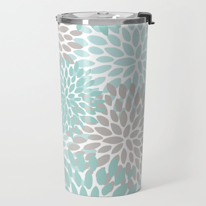 Floral Pattern, Teal, Aqua, Turquoise,Gray Travel Mug Gallery Image 2