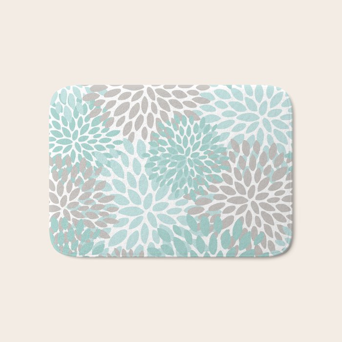 Floral Pattern, Teal, Aqua, Turquoise,Gray Bath Mat Gallery Image 1