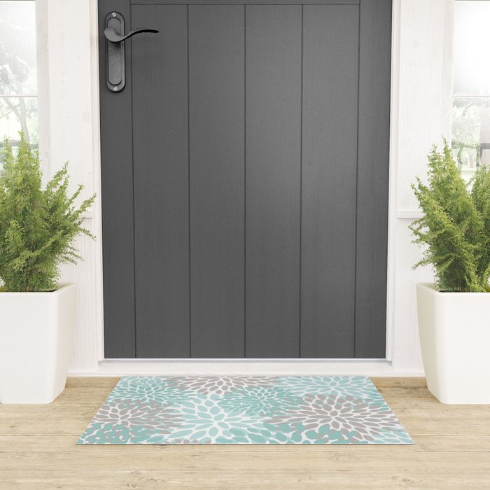Floral Pattern, Teal, Aqua, Turquoise,Gray Welcome Mat Gallery Image 3