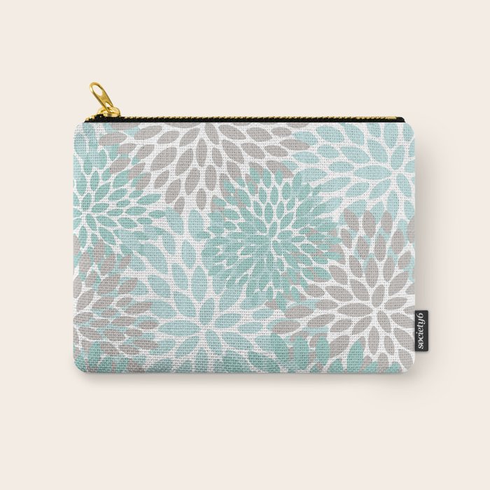 Floral Pattern, Teal, Aqua, Turquoise,Gray Carry All Pouch Gallery Image 1