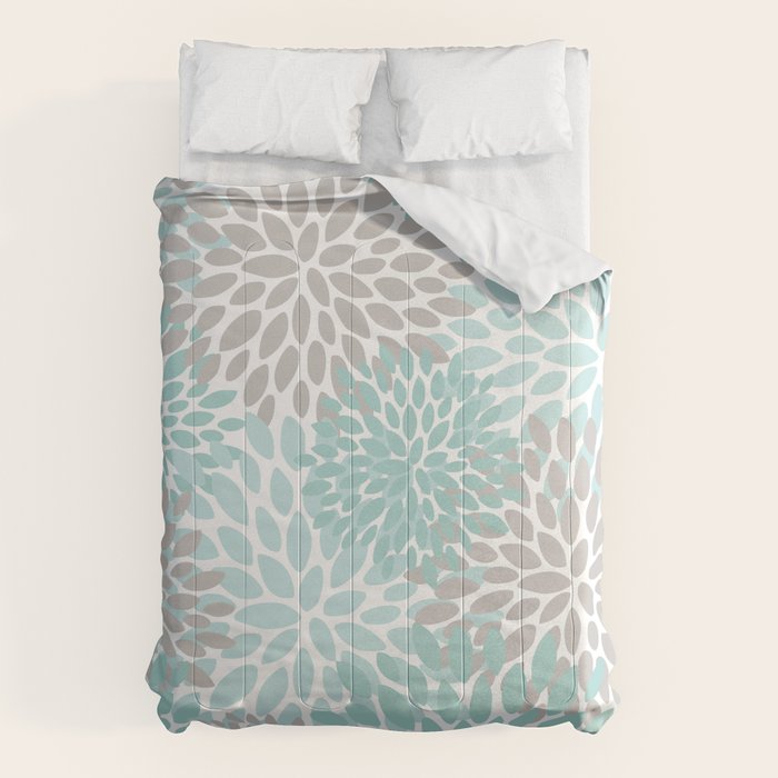 Floral Pattern, Teal, Aqua, Turquoise,Gray Comforter Gallery Image 6