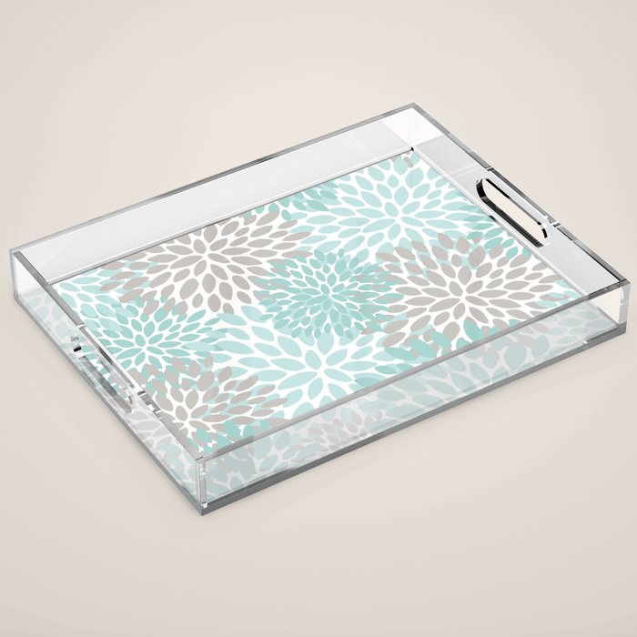 Floral Pattern, Teal, Aqua, Turquoise,Gray Acrylic Tray Gallery Image 1