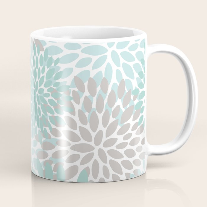 Floral Pattern, Teal, Aqua, Turquoise,Gray Coffee Mug Gallery Image 1