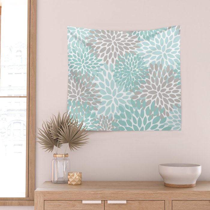 Floral Pattern, Teal, Aqua, Turquoise,Gray Wall Tapestry Gallery Image 2