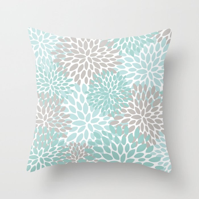 Floral Pattern, Teal, Aqua, Turquoise,Gray Throw Pillow Gallery Image 1