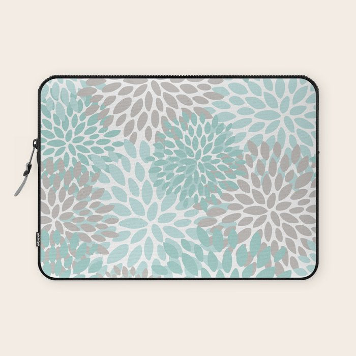 Floral Pattern, Teal, Aqua, Turquoise,Gray Laptop Sleeve Gallery Image 1