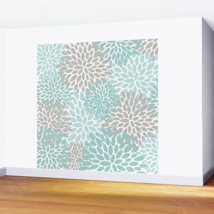 Floral Pattern, Teal, Aqua, Turquoise,Gray Wall Mural Gallery Image 2