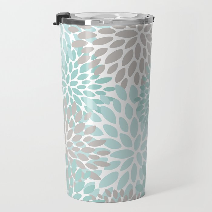 Floral Pattern, Teal, Aqua, Turquoise,Gray Travel Mug Gallery Image 3