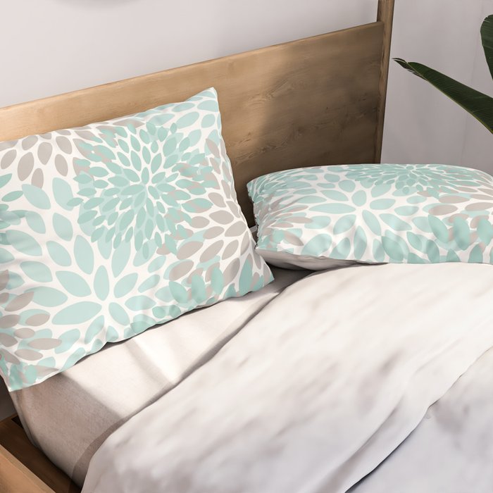Floral Pattern, Teal, Aqua, Turquoise,Gray Pillow Sham Gallery Image 2