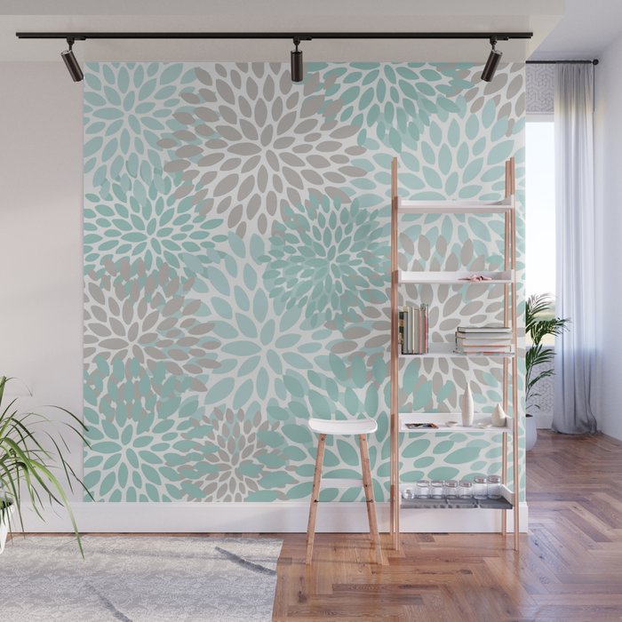 Floral Pattern, Teal, Aqua, Turquoise,Gray Wall Mural Gallery Image 1