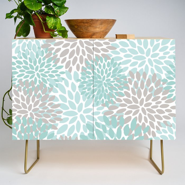 Floral Pattern, Teal, Aqua, Turquoise,Gray Credenza Gallery Image 1