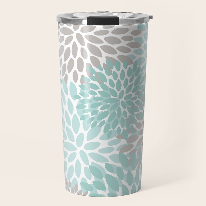 Floral Pattern, Teal, Aqua, Turquoise,Gray Travel Mug Gallery Image 1