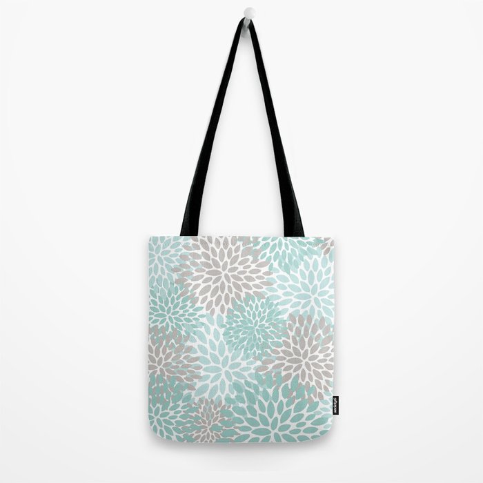 Floral Pattern, Teal, Aqua, Turquoise,Gray Tote Bag Gallery Image 2