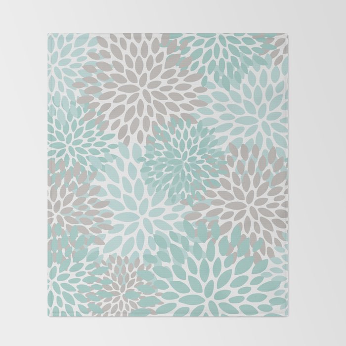 Floral Pattern, Teal, Aqua, Turquoise,Gray Throw Blanket Gallery Image 2
