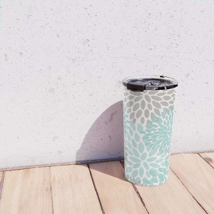 Floral Pattern, Teal, Aqua, Turquoise,Gray Travel Mug Gallery Image 4