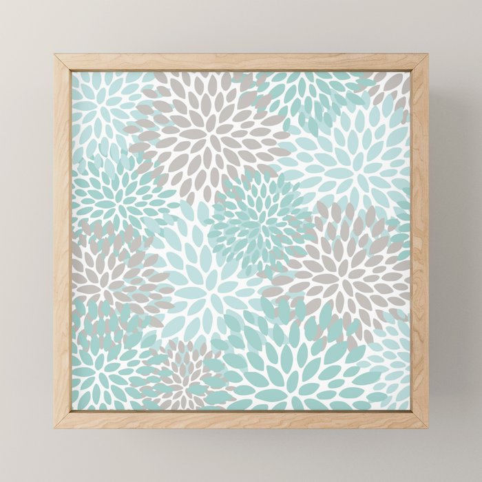 Floral Pattern, Teal, Aqua, Turquoise,Gray Mini Art Print Gallery Image 1