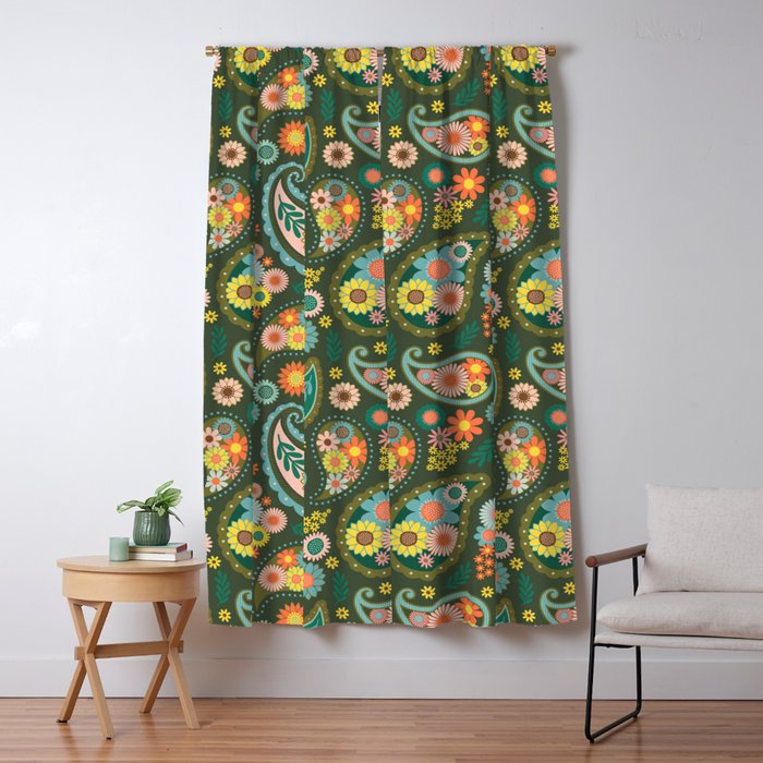 Retro Paisley Floral - Multicolored on Olive Green Window Curtain Gallery Image 5
