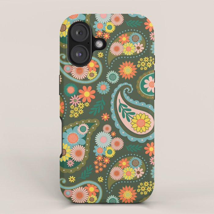 Retro Paisley Floral - Multicolored on Olive Green iPhone Case Gallery Image 1