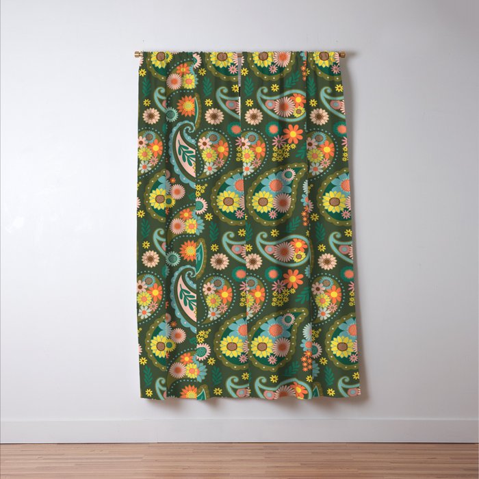 Retro Paisley Floral - Multicolored on Olive Green Window Curtain Gallery Image 3