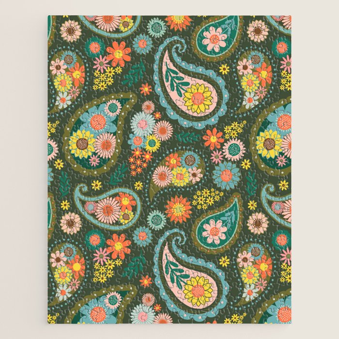 Retro Paisley Floral - Multicolored on Olive Green Jigsaw Puzzle Gallery Image 1